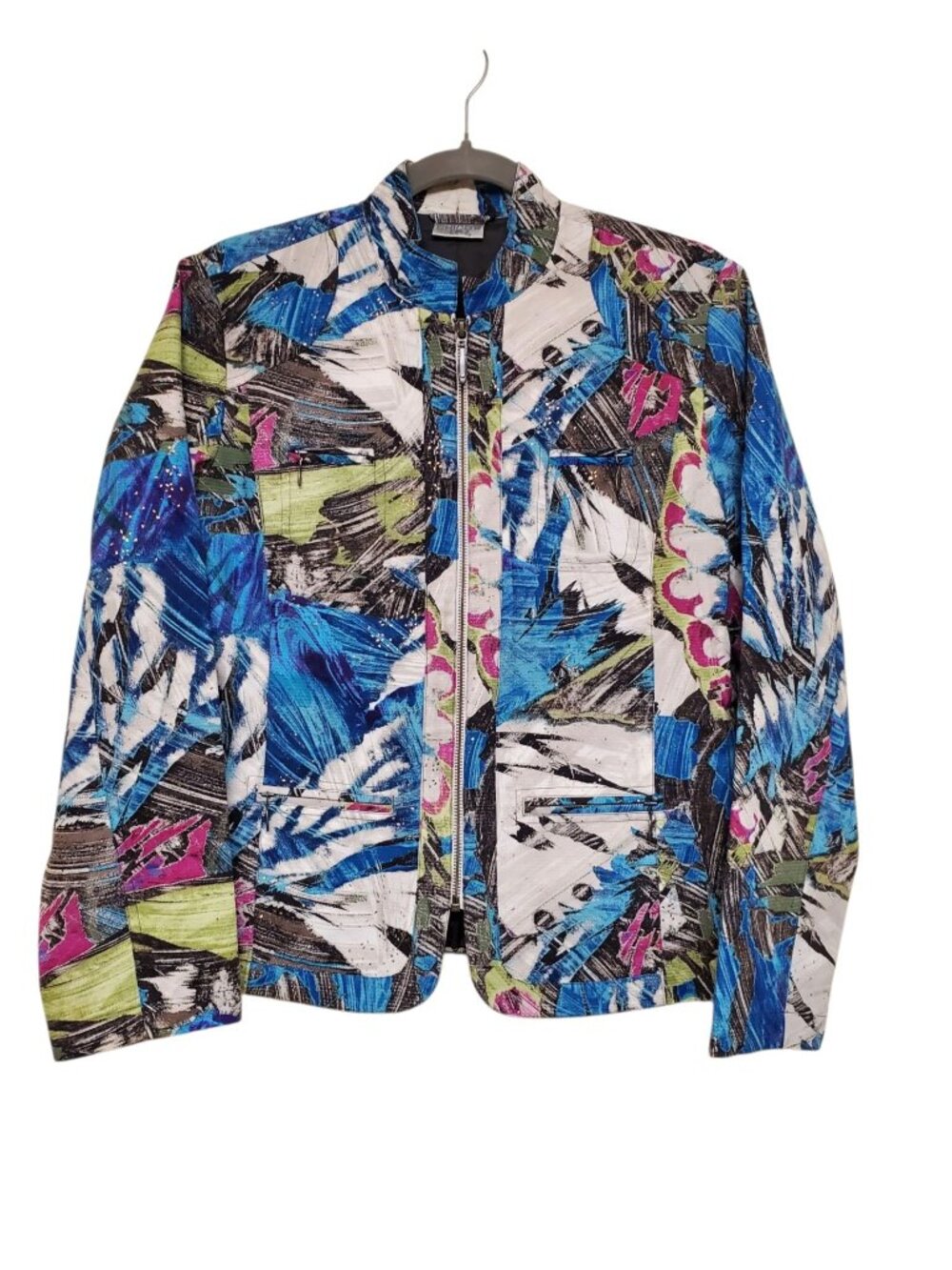 Chico's Women's Multicolor Abstract Print Cotton Mock Neck Zip Front Jacket 2